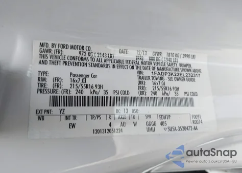 2014 Ford Focus Se z USA, uszkodzony, nr VIN 1FADP3K22EL232317